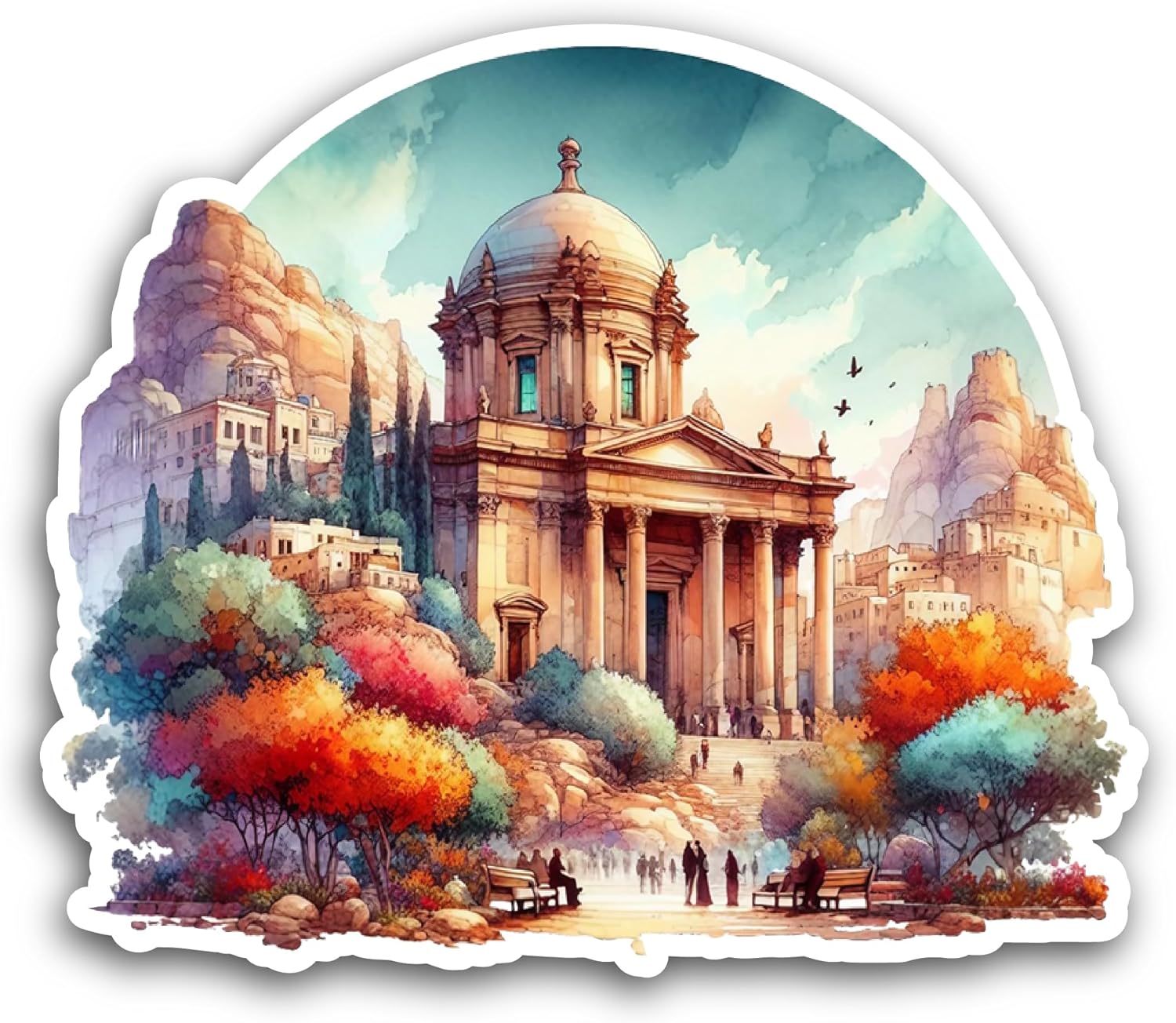 2 (Pieces) 3" and 5" Watercolor Roman Temple Sticker, Waterproof Vinyl Decals for Many Purpose Like Cars, Trucks, Laptops, Phones, Windows and More