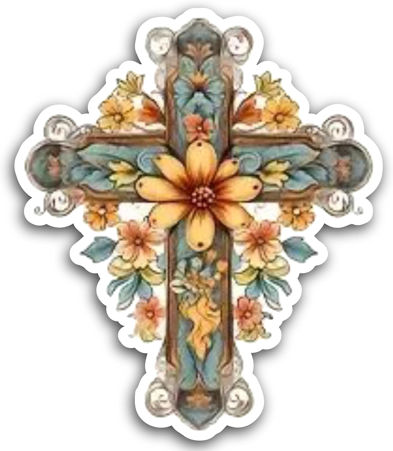 2 (Pieces) 3" and 5" Cross with Orange Flower at The Center Decal Sticker, Waterproof Vinyl Decals for Many Purpose Like Cars, Trucks, Laptops, Phones, Windows and More
