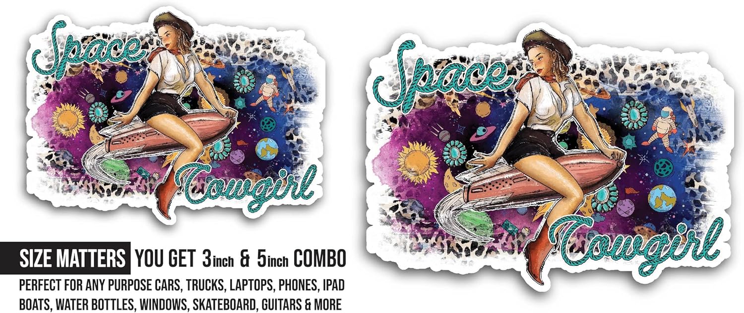2 (Pieces) 3" and 5" Space Cowgirl Sticker, Waterproof Vinyl Decals for Many Purpose Like Cars, Trucks, Laptops, Phones, Windows and More