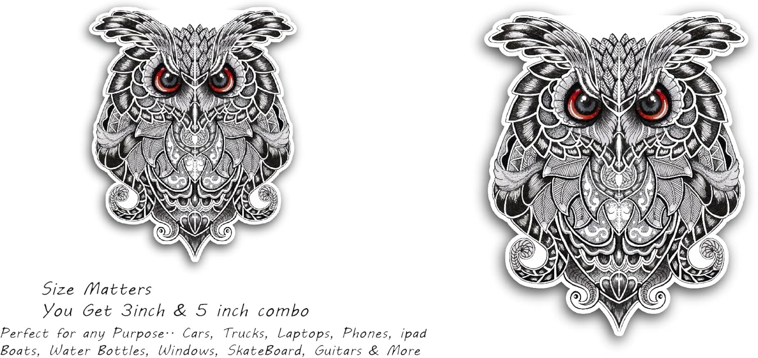 2 (Pieces) 3" and 5" Black and White Owl Sticker, Waterproof Vinyl Decals for Many Purpose Like Cars, Trucks, Laptops, Phones, Windows and More