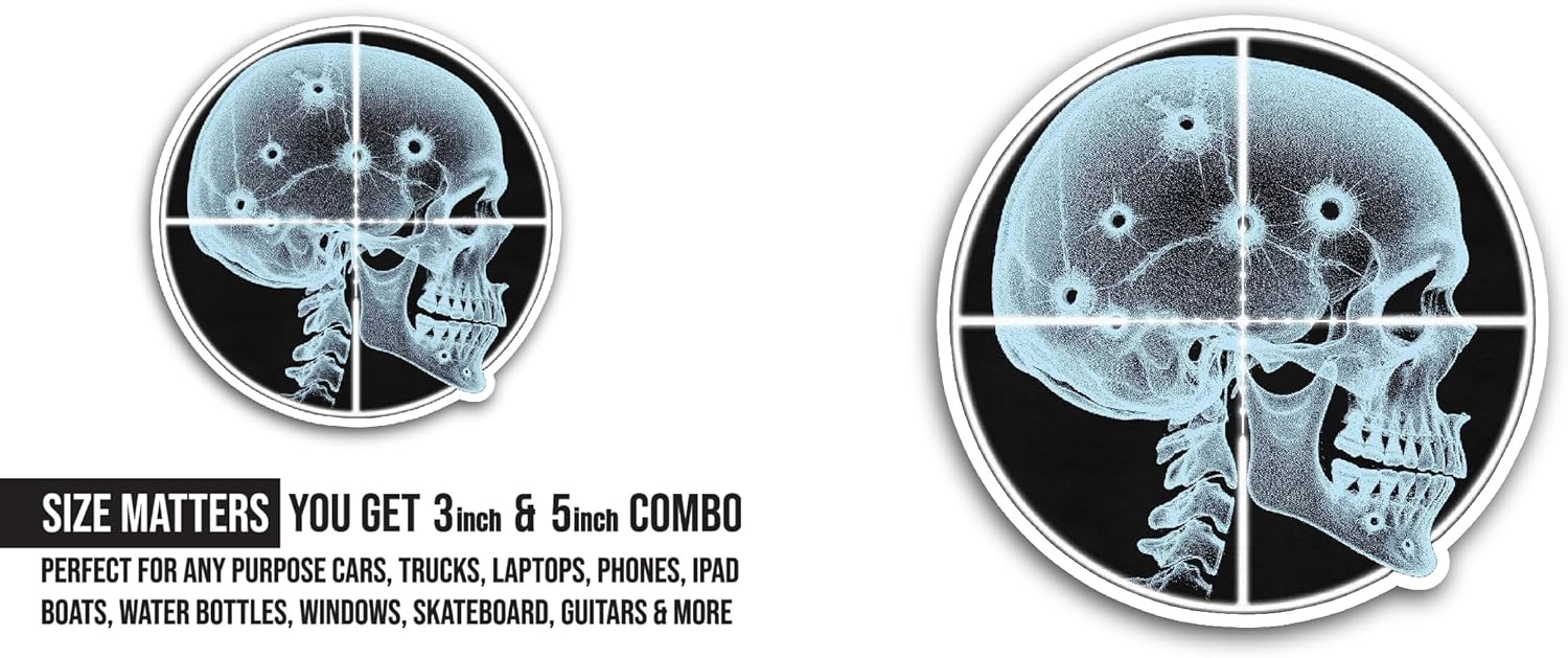 2 (Pieces) 3" and 5" Human Skull X Ray Sticker, Waterproof Vinyl Decals for Many Purpose Like Cars, Trucks, Laptops, Phones, Windows and More