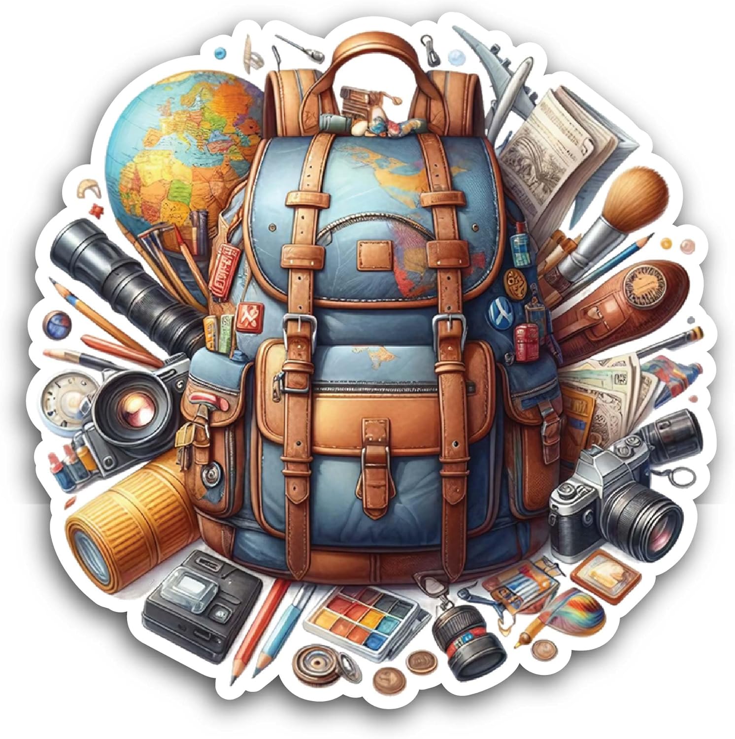 2 (Pieces) 3" and 5" Backpack with Globe Sticker, Waterproof Vinyl Decals for Many Purpose Like Cars, Trucks, Laptops, Phones, Windows and More