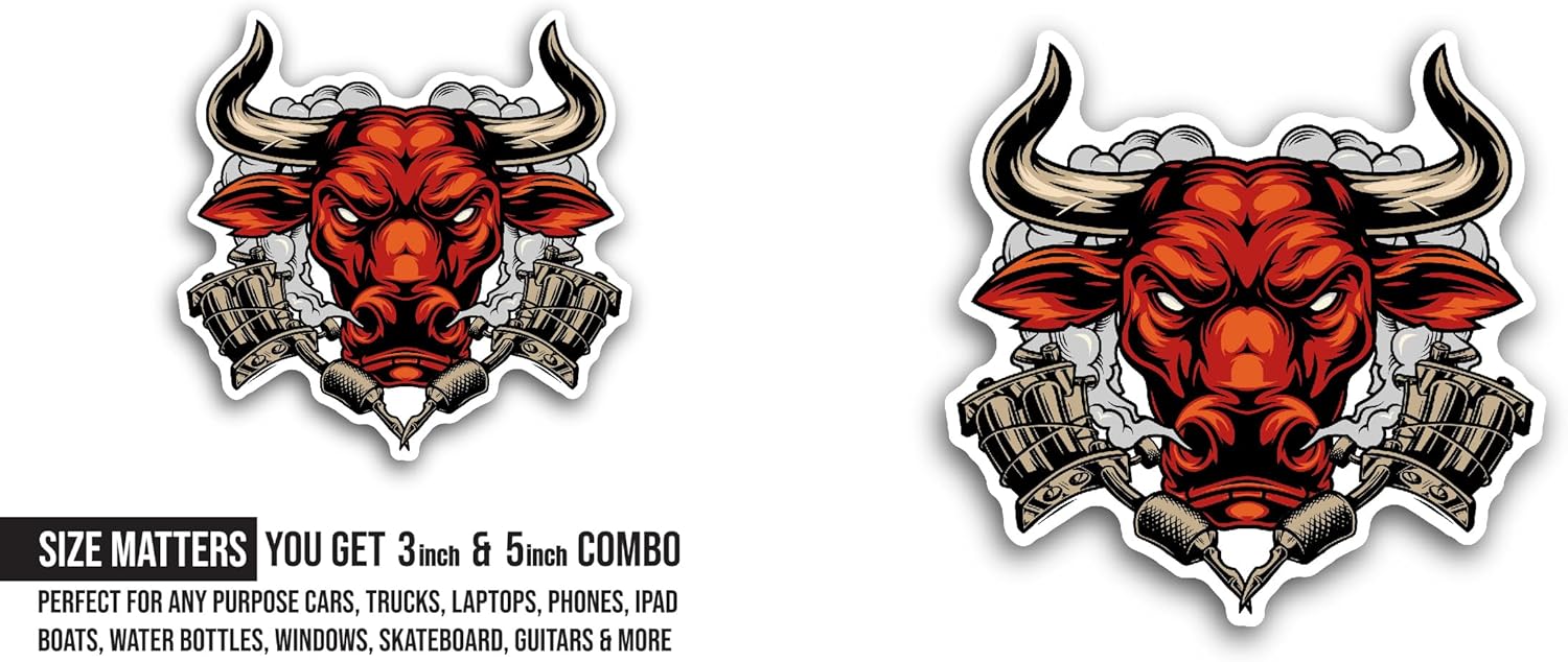 2 (Pieces) 3" and 5" Hot Bull Head Sticker, Waterproof Vinyl Decals for Many Purpose Like Cars, Trucks, Laptops, Phones, Windows and More