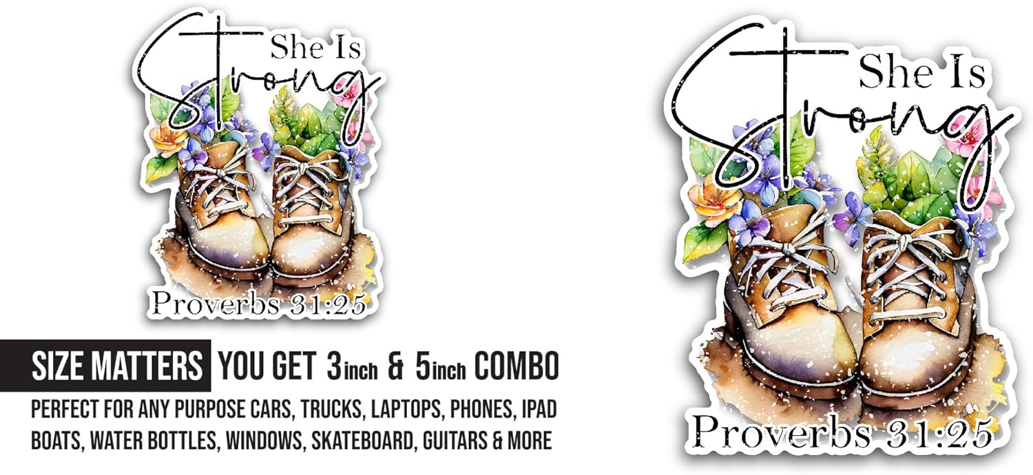 2 (Pieces) 3" and 5" She is Strong Text Sticker, Waterproof Vinyl Decals for Many Purpose Like Cars, Trucks, Laptops, Phones, Windows and More