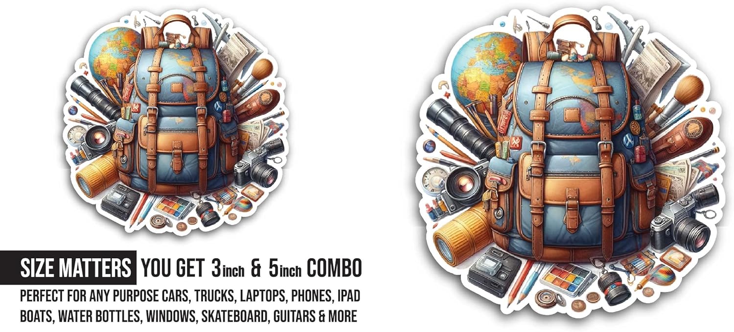 2 (Pieces) 3" and 5" Backpack with Globe Sticker, Waterproof Vinyl Decals for Many Purpose Like Cars, Trucks, Laptops, Phones, Windows and More