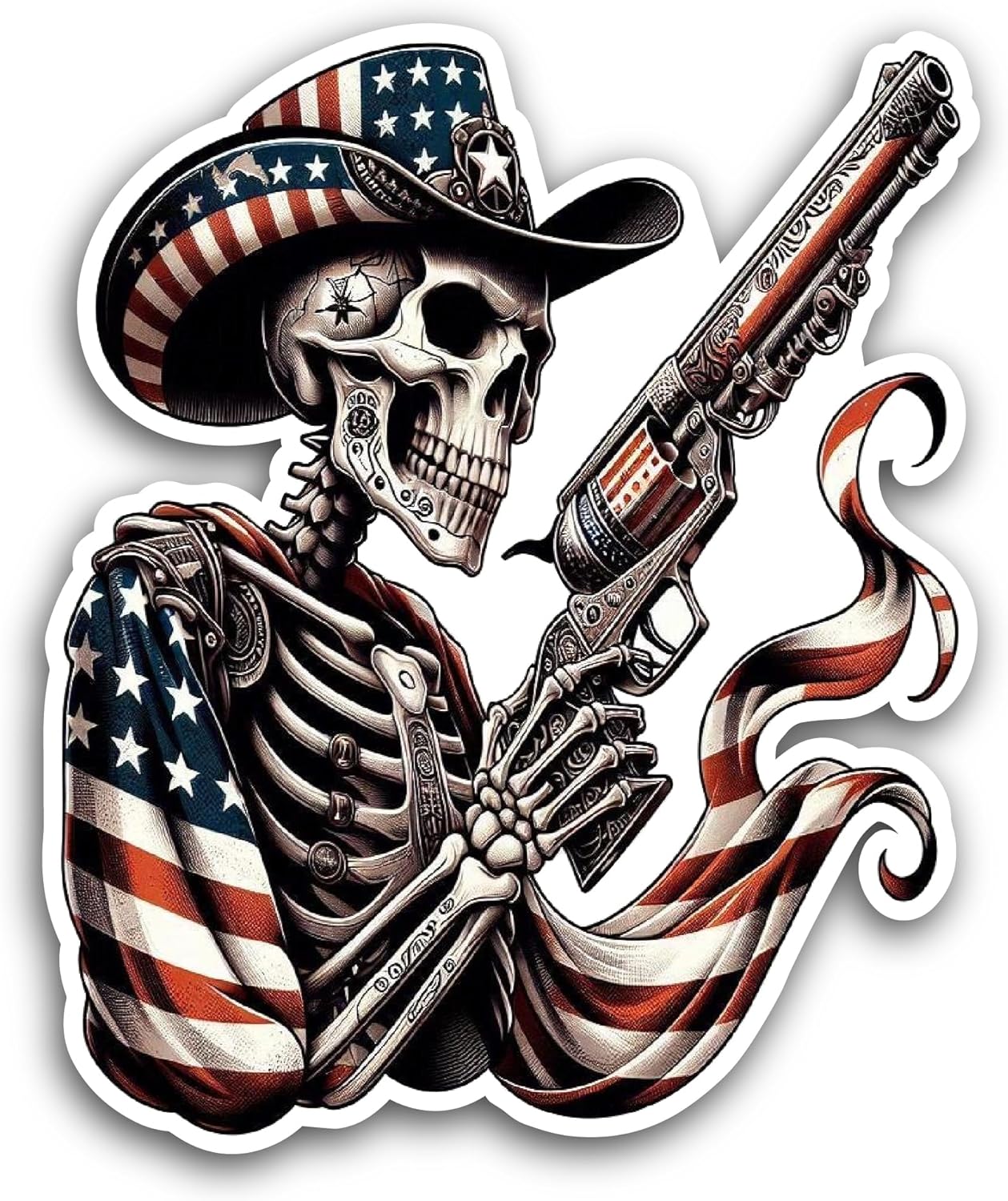 2 (Pieces) 3" and 5" Skeleton with A Gun Sticker, Waterproof Vinyl Decals for Many Purpose Like Cars, Trucks, Laptops, Phones, Windows and More