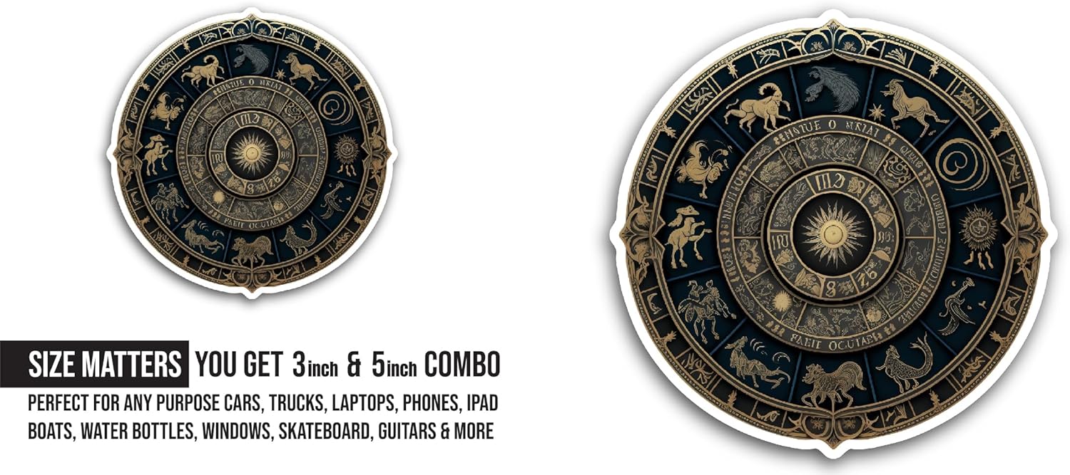 2 (Pieces) 3" and 5" Zodiac Wheel Sticker, Waterproof Vinyl Decals for Many Purpose Like Cars, Trucks, Laptops, Phones, Windows and More