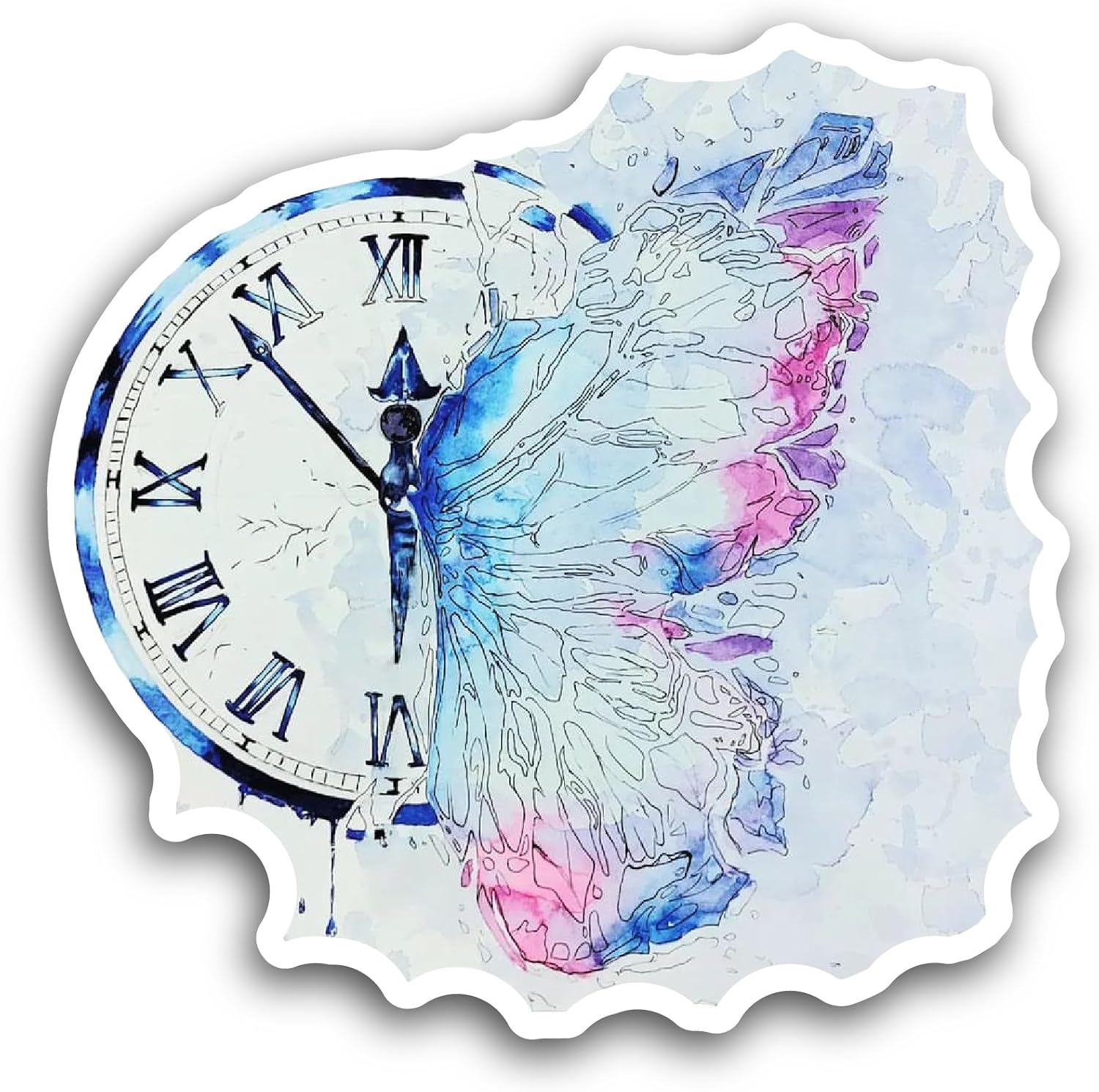 2 (Pieces) 3" and 5" Blue Butterfly with Clock Sticker, Waterproof Vinyl Decals for Many Purpose Like Cars, Trucks, Laptops, Phones, Windows and More