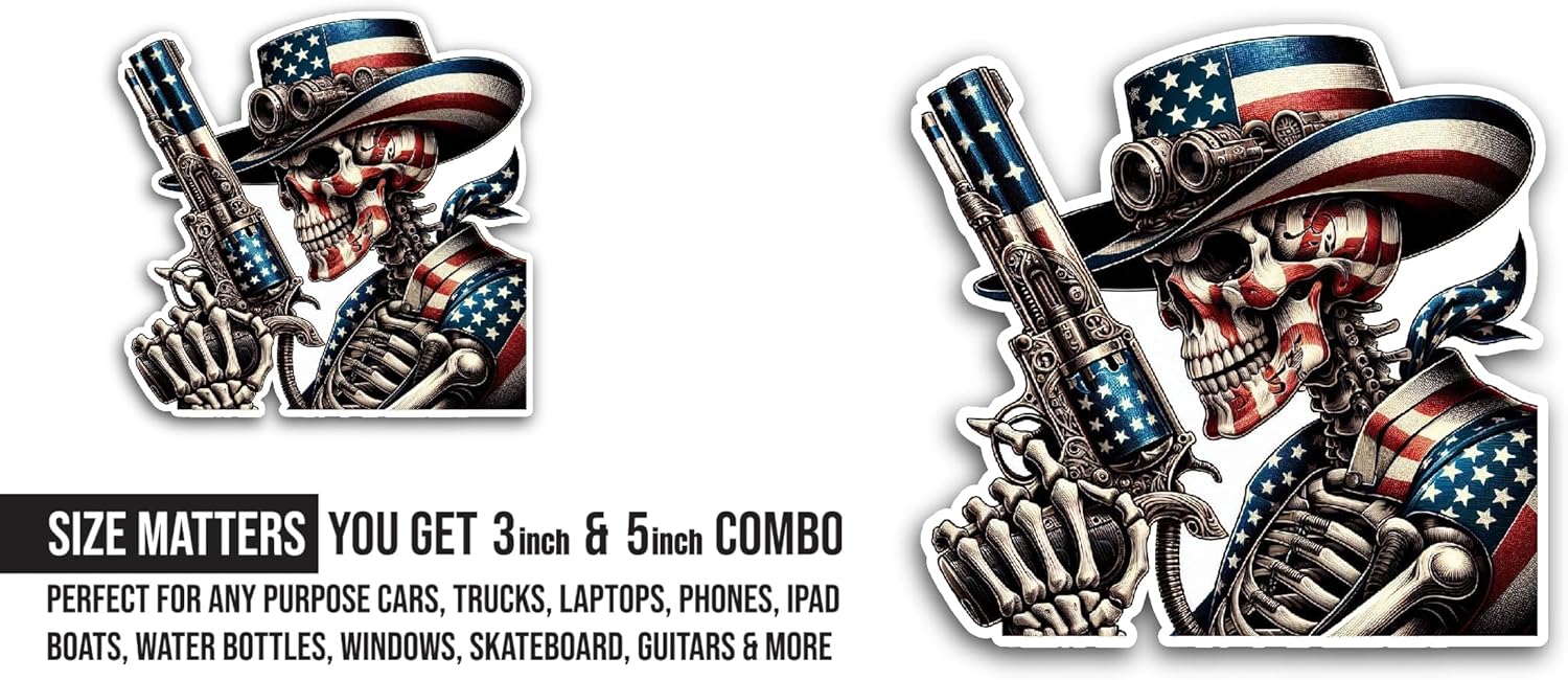 2 (Pieces) 3" and 5" Skelton with A Gun Sticker, Waterproof Vinyl Decals for Many Purpose Like Cars, Trucks, Laptops, Phones, Windows and More