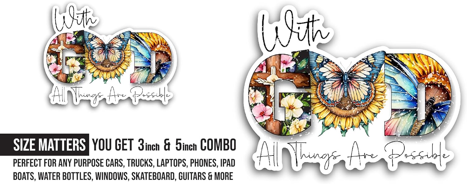 2 (Pieces) 3" and 5" with God Text Sticker, Waterproof Vinyl Decals for Many Purpose Like Cars, Trucks, Laptops, Phones, Windows and More