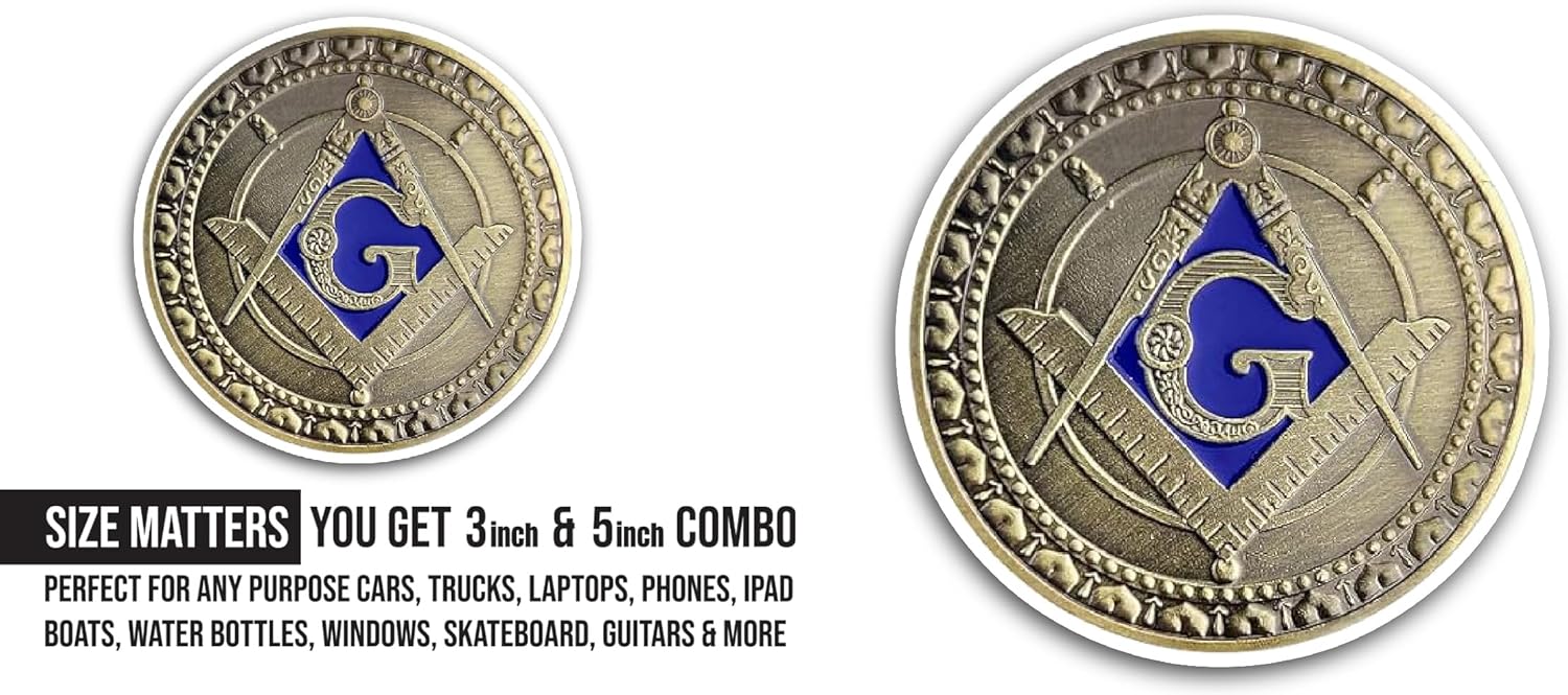 2 (Pieces) 3" and 5" Classic Square and Compass Coin Sticker, Waterproof Vinyl Decals for Many Purpose Like Cars, Trucks, Laptops, Phones, Windows and More