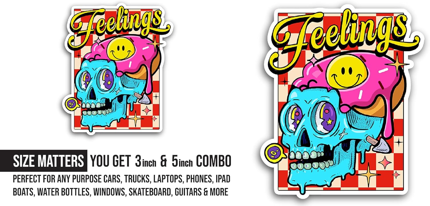 2 (Pieces) 3" and 5" Feelings in a Skull with a Doughnut Sticker, Waterproof Vinyl Decals for Many Purpose Like Cars, Trucks, Laptops, Phones, Windows and More
