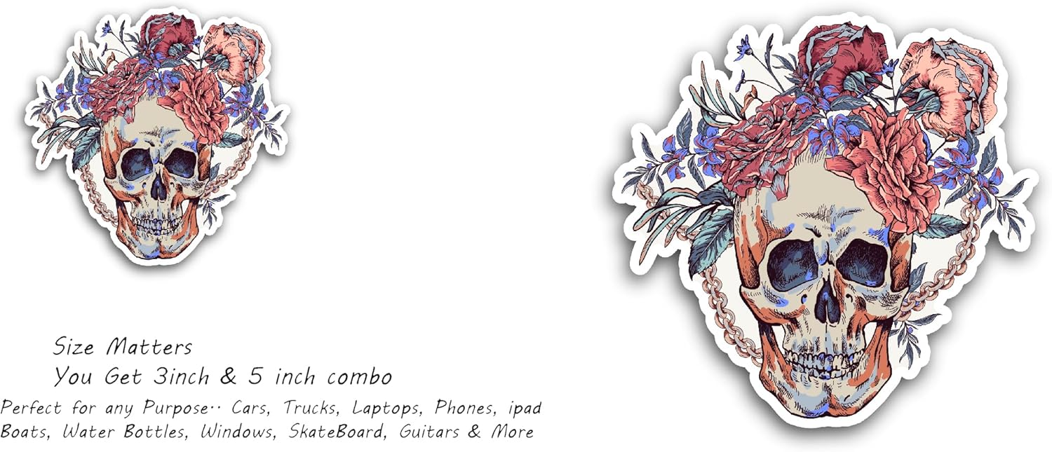 2 (Pieces) 3" and 5" Floral Skull Vinyl Decals Sticker, Waterproof Vinyl Decals for Many Purpose Like Cars, Trucks, Laptops, Phones, Windows and More