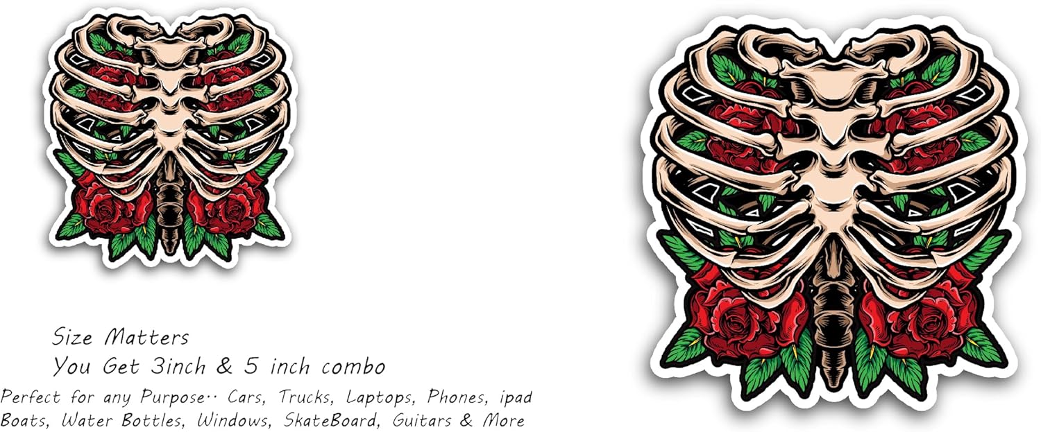 2 (Pieces) 3" and 5" Rose Skeleton Decorative Sticker, Waterproof Vinyl Decals for Many Purpose Like Cars, Trucks, Laptops, Phones, Windows and More