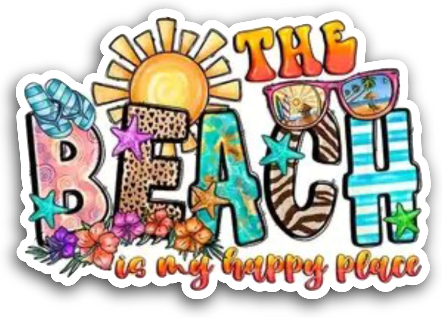 2 (Pieces) 3" and 5" The Beach is My Happy Place Decal Sticker, Waterproof Vinyl Decals for Many Purpose Like Cars, Trucks, Laptops, Phones, Windows and More