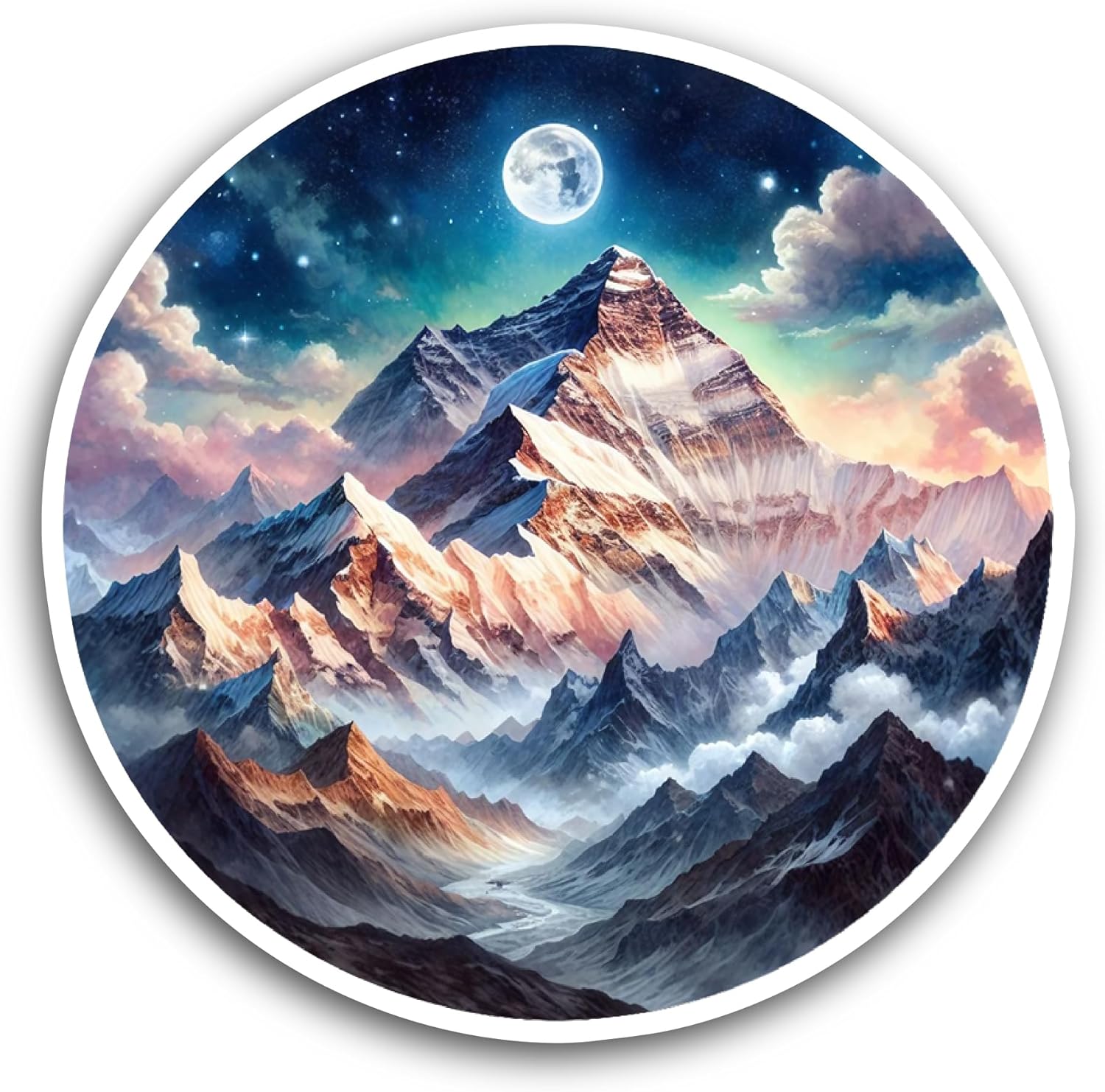 2 (Pieces) 3" and 5" Full Moon Night with Mountains Sticker, Waterproof Vinyl Decals for Many Purpose Like Cars, Trucks, Laptops, Phones, Windows and More