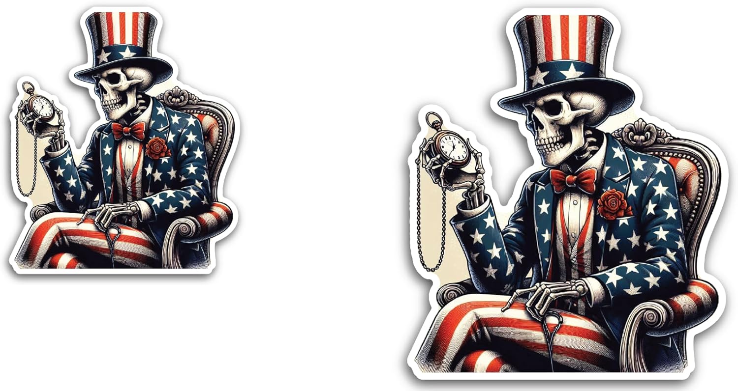 2 (Pieces) 3" and 5" Skeleton with a Hat and Timer in American Flag Decal Sticker, Waterproof Vinyl Decals for Many Purpose Like Cars, Trucks, Laptops, Phones, Windows and More