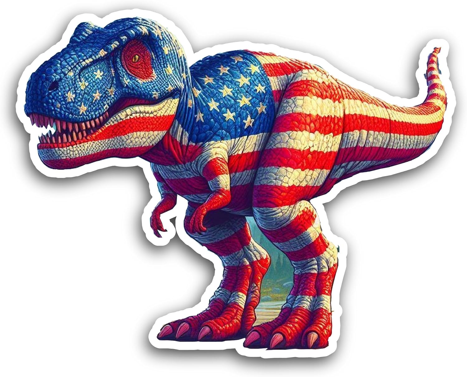 2 (Pieces) 3" and 5" Dinosaur Standing in American Flag Color Decal Sticker, Waterproof Vinyl Decals for Many Purpose Like Cars, Trucks, Laptops, Phones, Windows and More