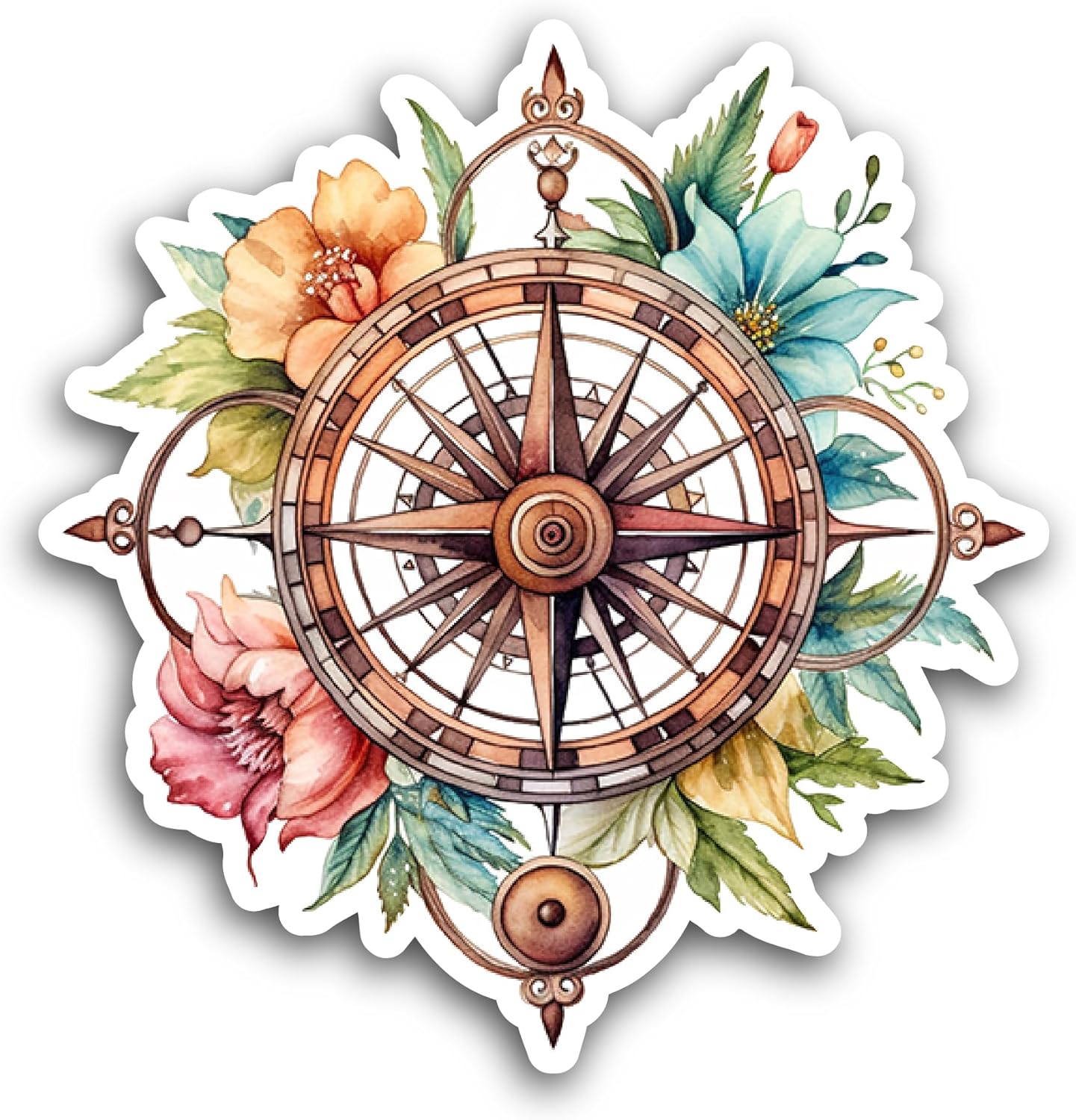 2 (Pieces) 3" and 5" Compass with Flowers Sticker, Waterproof Vinyl Decals for Many Purpose Like Cars, Trucks, Laptops, Phones, Windows and More