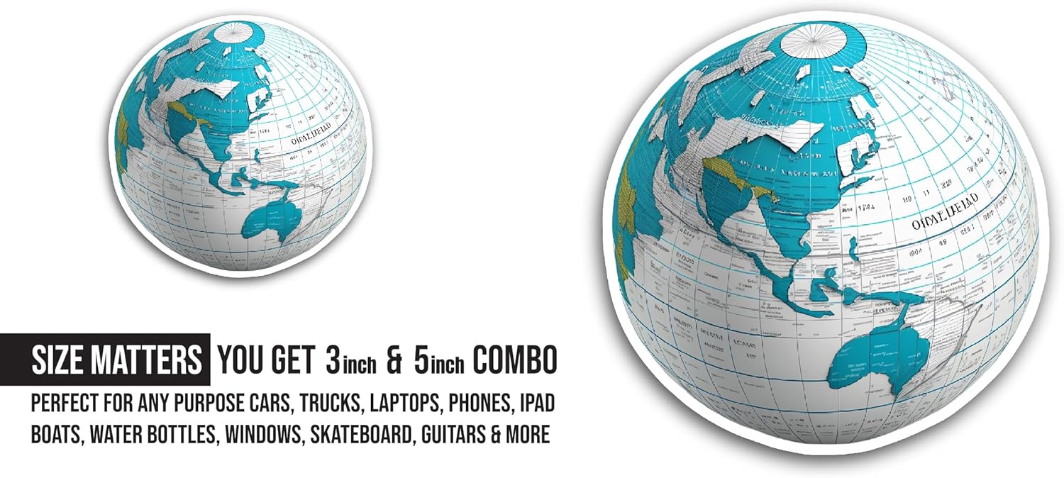 2 (Pieces) 3" and 5" Globe Sticker, Waterproof Vinyl Decals for Many Purpose Like Cars, Trucks, Laptops, Phones, Windows and More