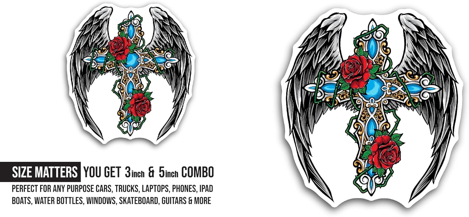 2 (Pieces) 3" and 5" Cross with Roses Sticker, Waterproof Vinyl Decals for Many Purpose Like Cars, Trucks, Laptops, Phones, Windows and More