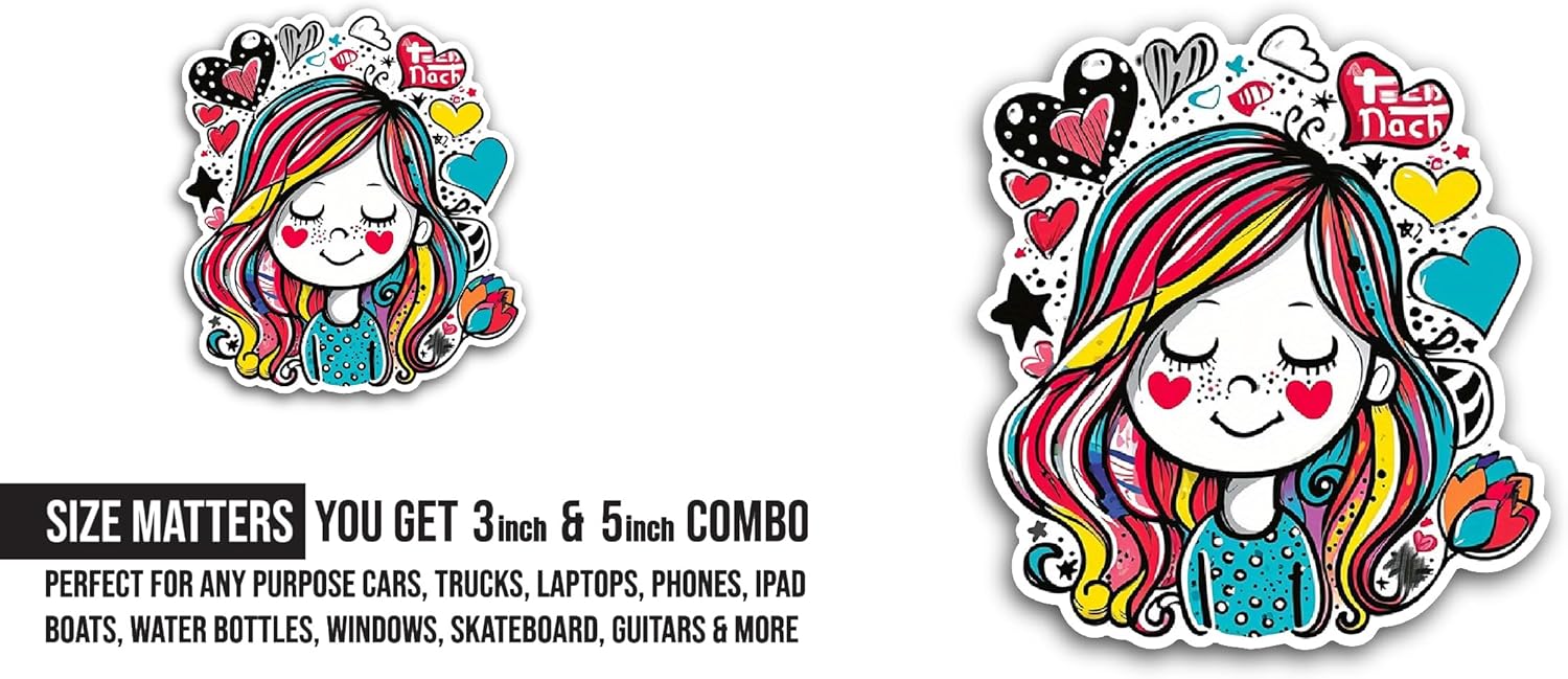 2 (Pieces) 3" and 5" Colorful Girl Sticker, Waterproof Vinyl Decals for Many Purpose Like Cars, Trucks, Laptops, Phones, Windows and More