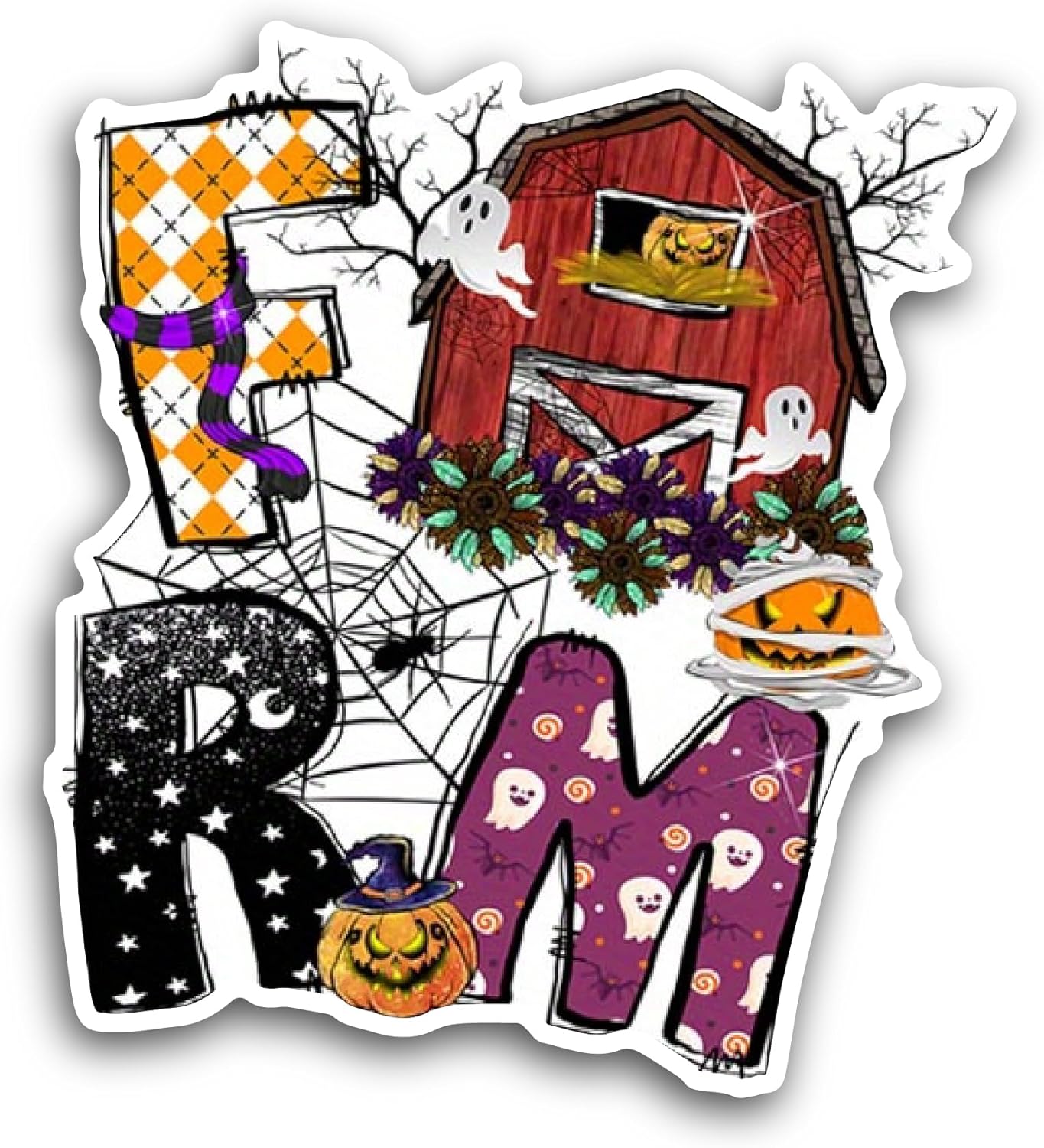 2 (Pieces) 3" and 5" Halloween Haunted Farm Sticker, Waterproof Vinyl Decals for Many Purpose Like Cars, Trucks, Laptops, Phones, Windows and More
