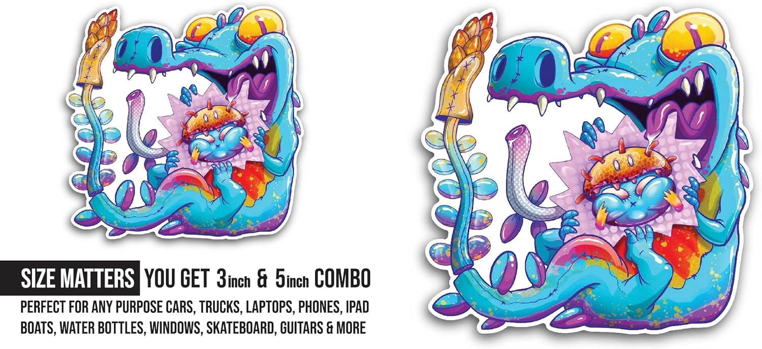 2 (Pieces) 3" and 5" Colorful Fantasy World with Playful Creatures Sticker, Waterproof Vinyl Decals for Many Purpose Like Cars, Trucks, Laptops, Phones, Windows and More