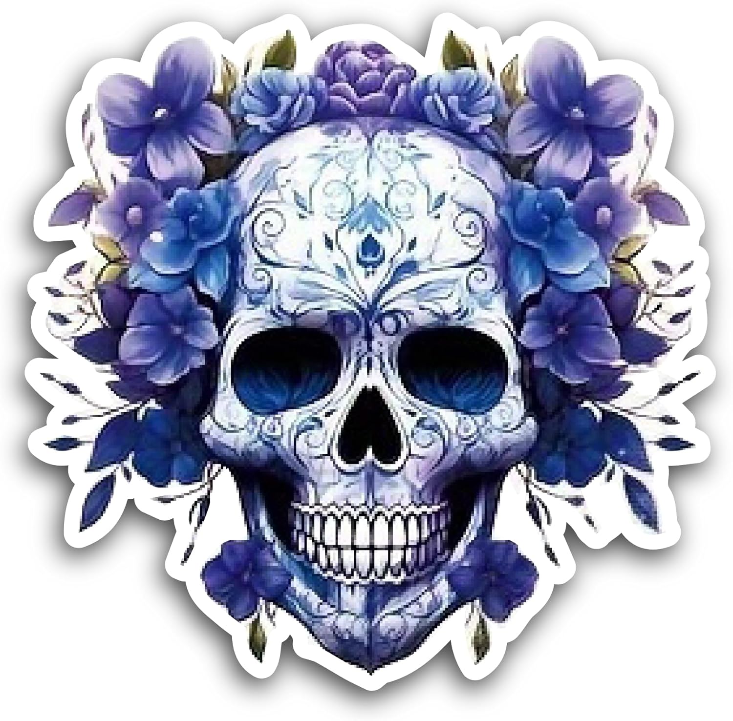 2 (Pieces) 3" and 5" Skull with Blue Flowers Sticker, Waterproof Vinyl Decals for Many Purpose Like Cars, Trucks, Laptops, Phones, Windows and More