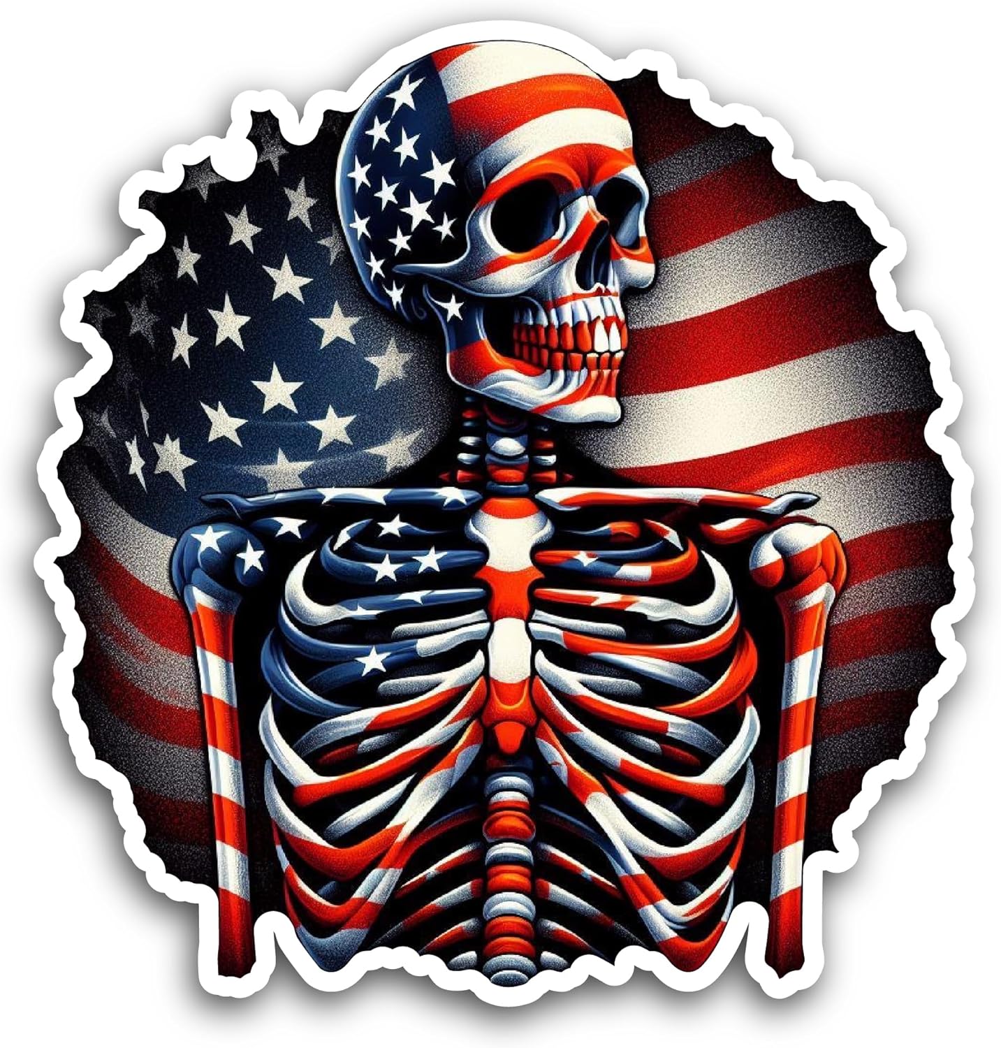 2 (Pieces) 3" and 5" Skeleton in Front of American Flag Decal Sticker, Waterproof Vinyl Decals for Many Purpose Like Cars, Trucks, Laptops, Phones, Windows and More
