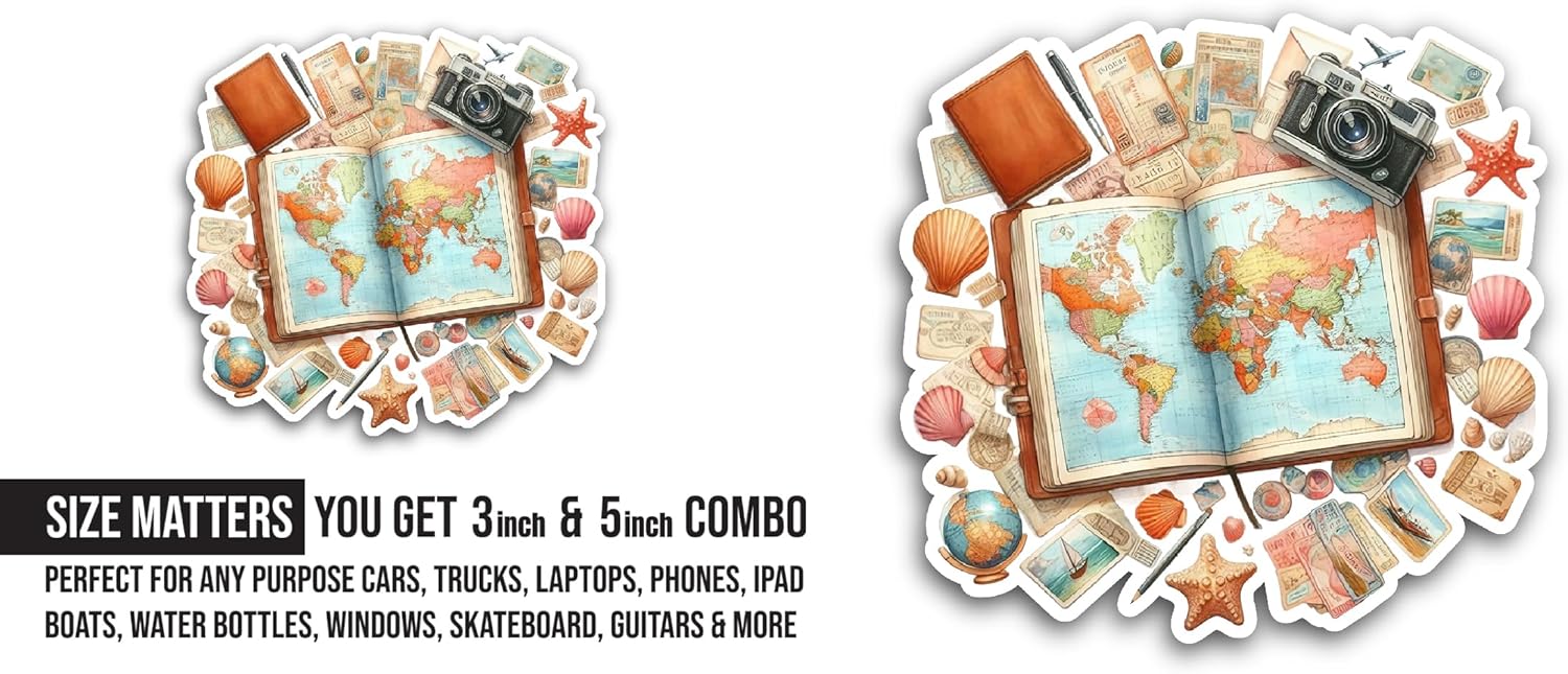 2 (Pieces) 3" and 5" World Map with Camera Sticker, Waterproof Vinyl Decals for Many Purpose Like Cars, Trucks, Laptops, Phones, Windows and More