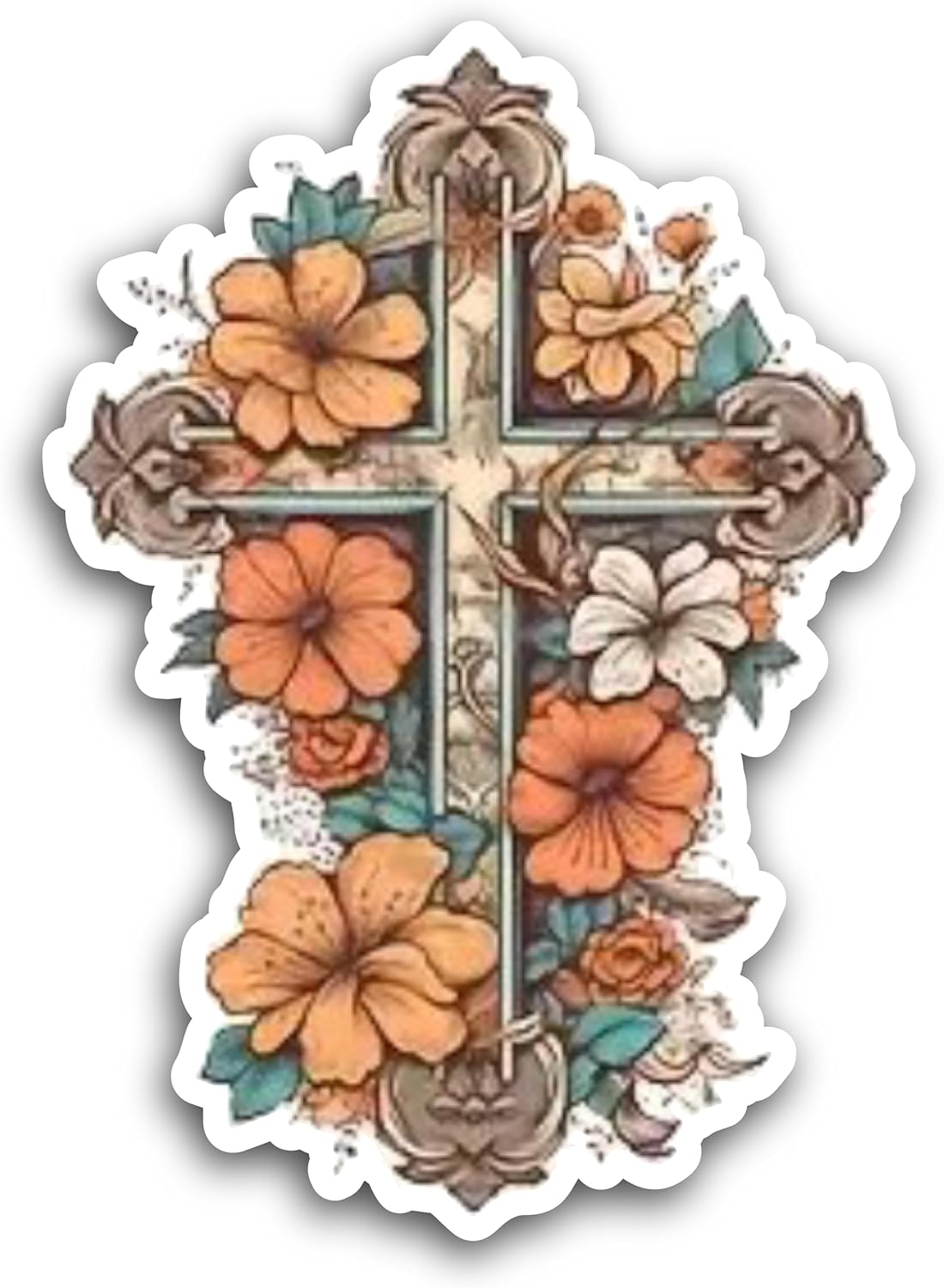 2 (Pieces) 3" and 5" Cross with Flowers at The Center Decal Sticker, Waterproof Vinyl Decals for Many Purpose Like Cars, Trucks, Laptops, Phones, Windows and More