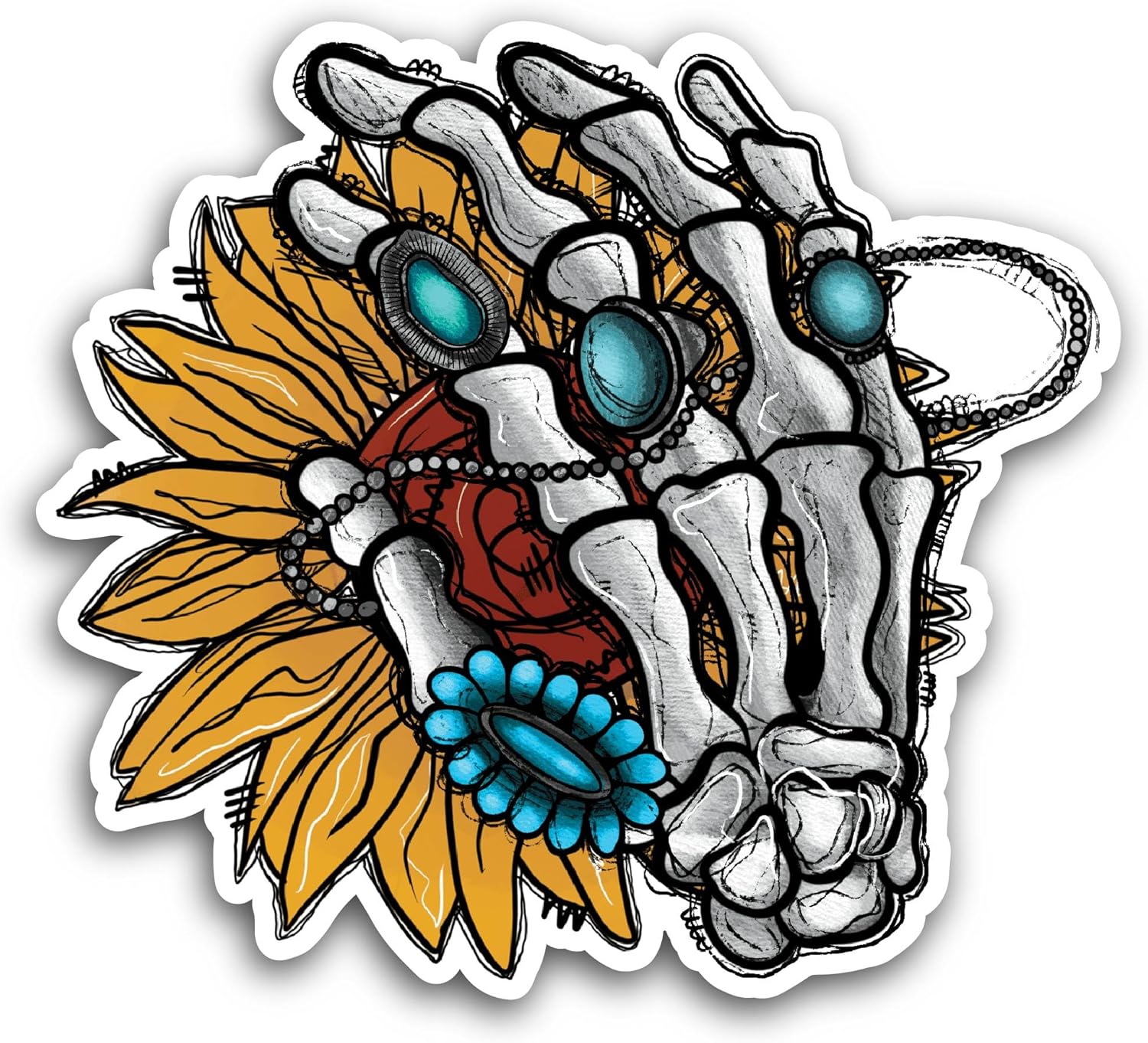 2 (Pieces) 3" and 5" Skeleton Hand with Sunflower Sticker, Waterproof Vinyl Decals for Many Purpose Like Cars, Trucks, Laptops, Phones, Windows and More