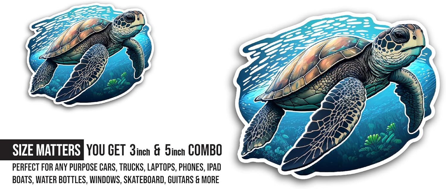 2 (Pieces) 3" and 5" Giant Turtle Sticker, Waterproof Vinyl Decals for Many Purpose Like Cars, Trucks, Laptops, Phones, Windows and More