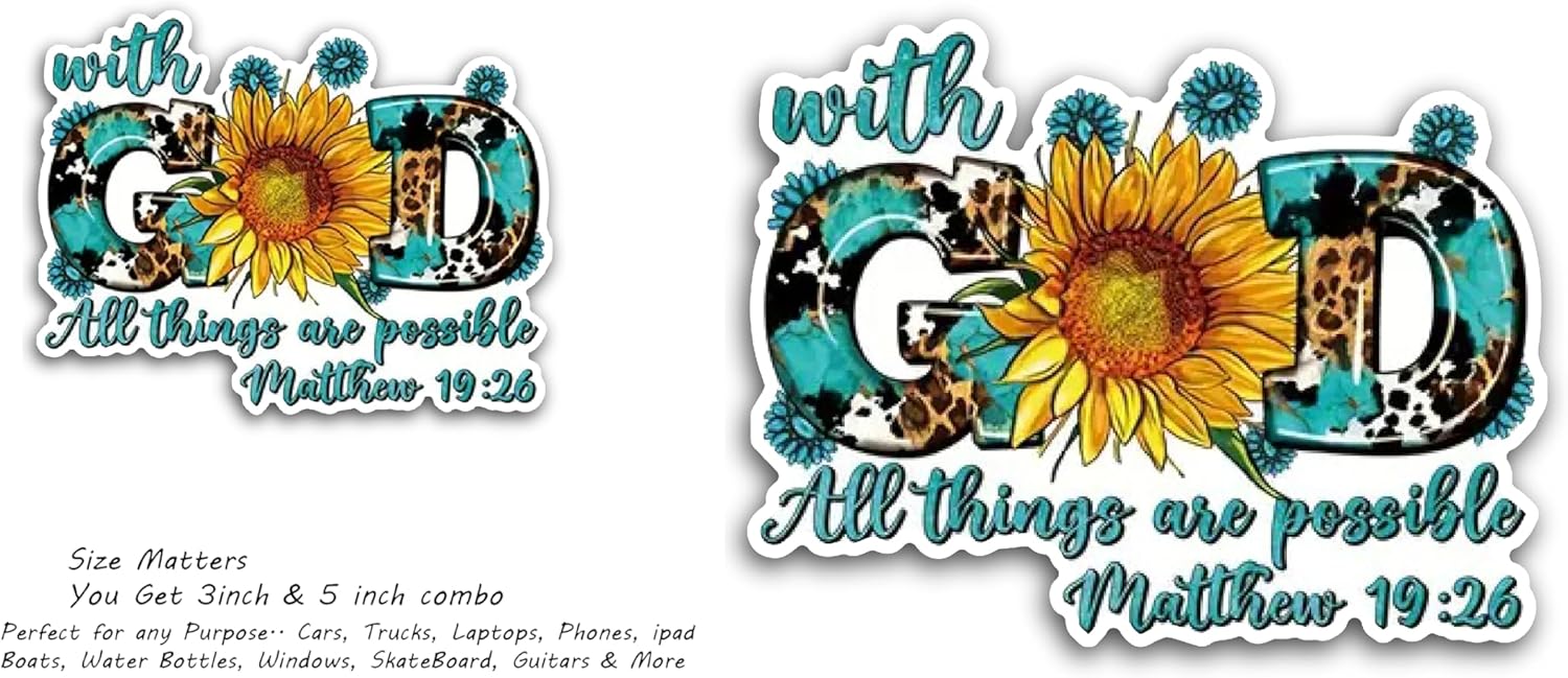 2 (Pieces) 3" and 5" with God All Things are Possible Mathew 19:26 in Colors Decal Sticker, Waterproof Vinyl Decals for Many Purpose Like Cars, Trucks, Laptops, Phones, Windows and More