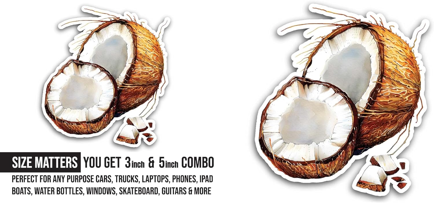 2 (Pieces) 3" and 5" Coconut Sticker, Waterproof Vinyl Decals for Many Purpose Like Cars, Trucks, Laptops, Phones, Windows and More