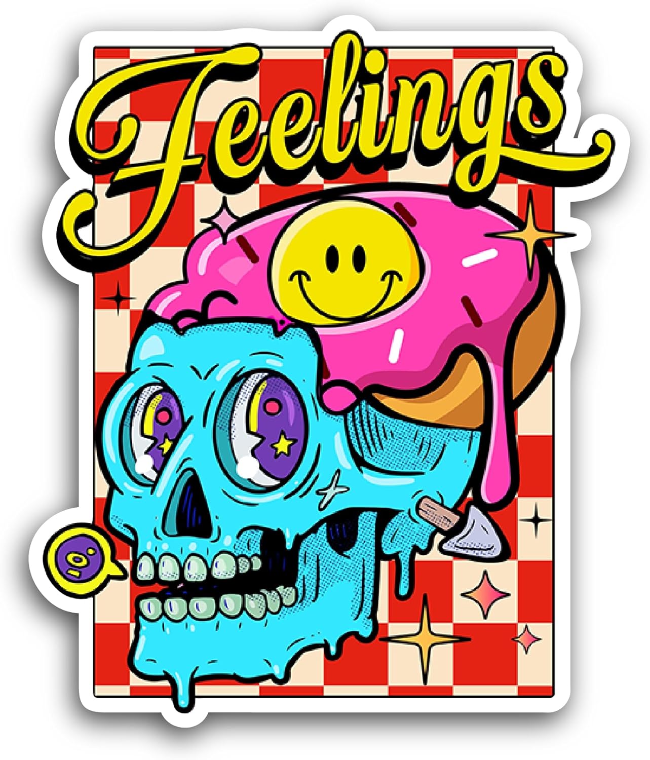 2 (Pieces) 3" and 5" Feelings in a Skull with a Doughnut Sticker, Waterproof Vinyl Decals for Many Purpose Like Cars, Trucks, Laptops, Phones, Windows and More