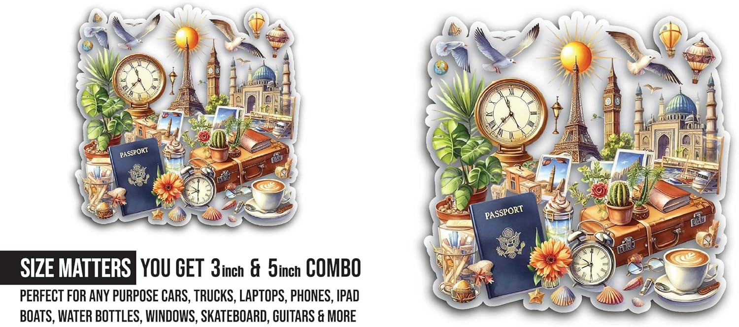 2 (Pieces) 3" and 5" Travel Vacation Set Journey Sticker, Waterproof Vinyl Decals for Many Purpose Like Cars, Trucks, Laptops, Phones, Windows and More