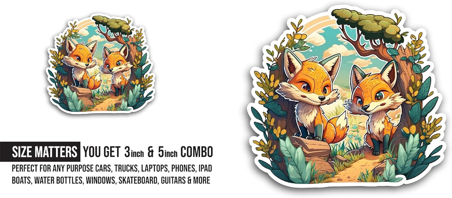 2 (Pieces) 3" and 5" Cute Foxes Sticker, Waterproof Vinyl Decals for Many Purpose Like Cars, Trucks, Laptops, Phones, Windows and More