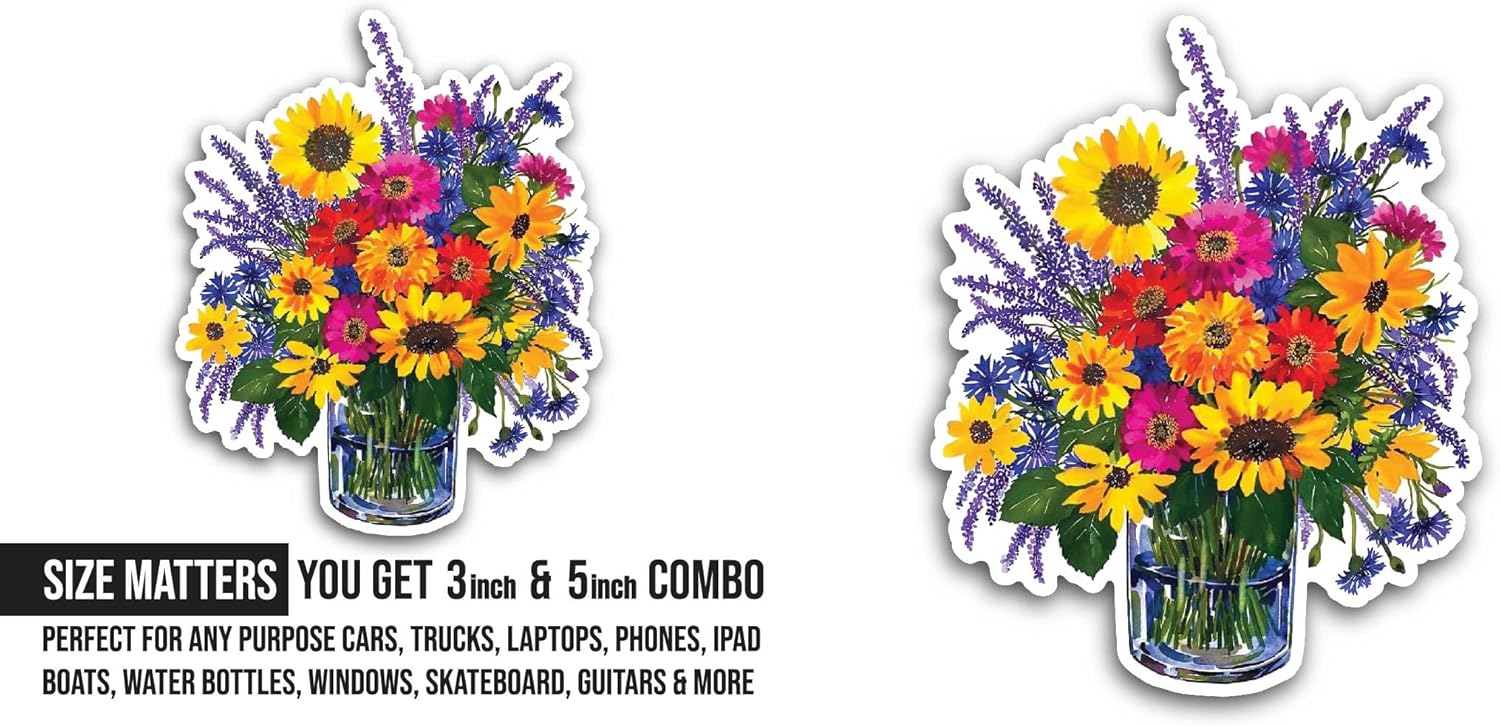 2 (Pieces) 3" and 5" Beautiful Flowers Sticker, Waterproof Vinyl Decals for Many Purpose Like Cars, Trucks, Laptops, Phones, Windows and More