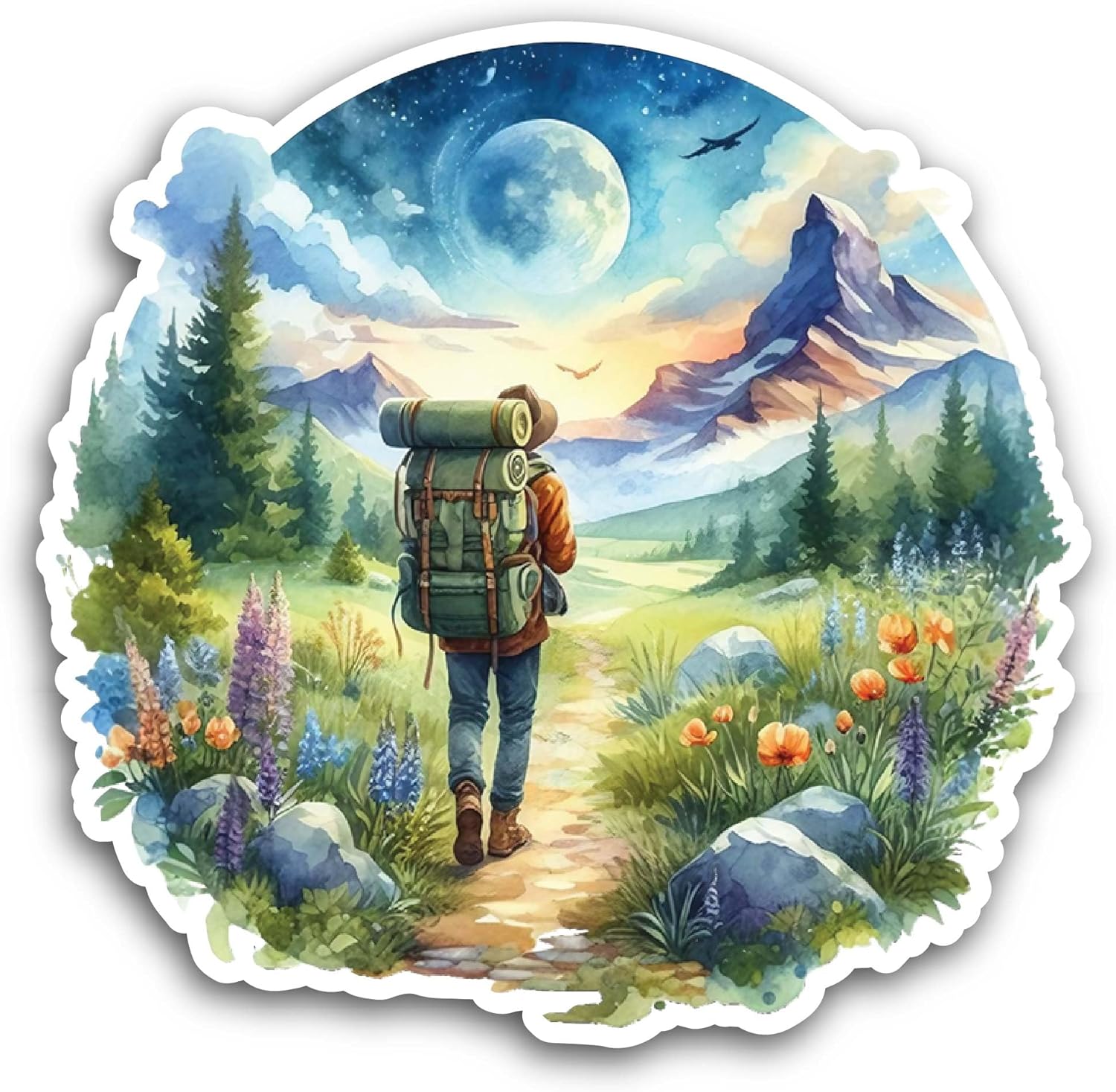 2 (Pieces) 3" and 5" Hiker with A Mountain Landscape Sticker, Waterproof Vinyl Decals for Many Purpose Like Cars, Trucks, Laptops, Phones, Windows and More