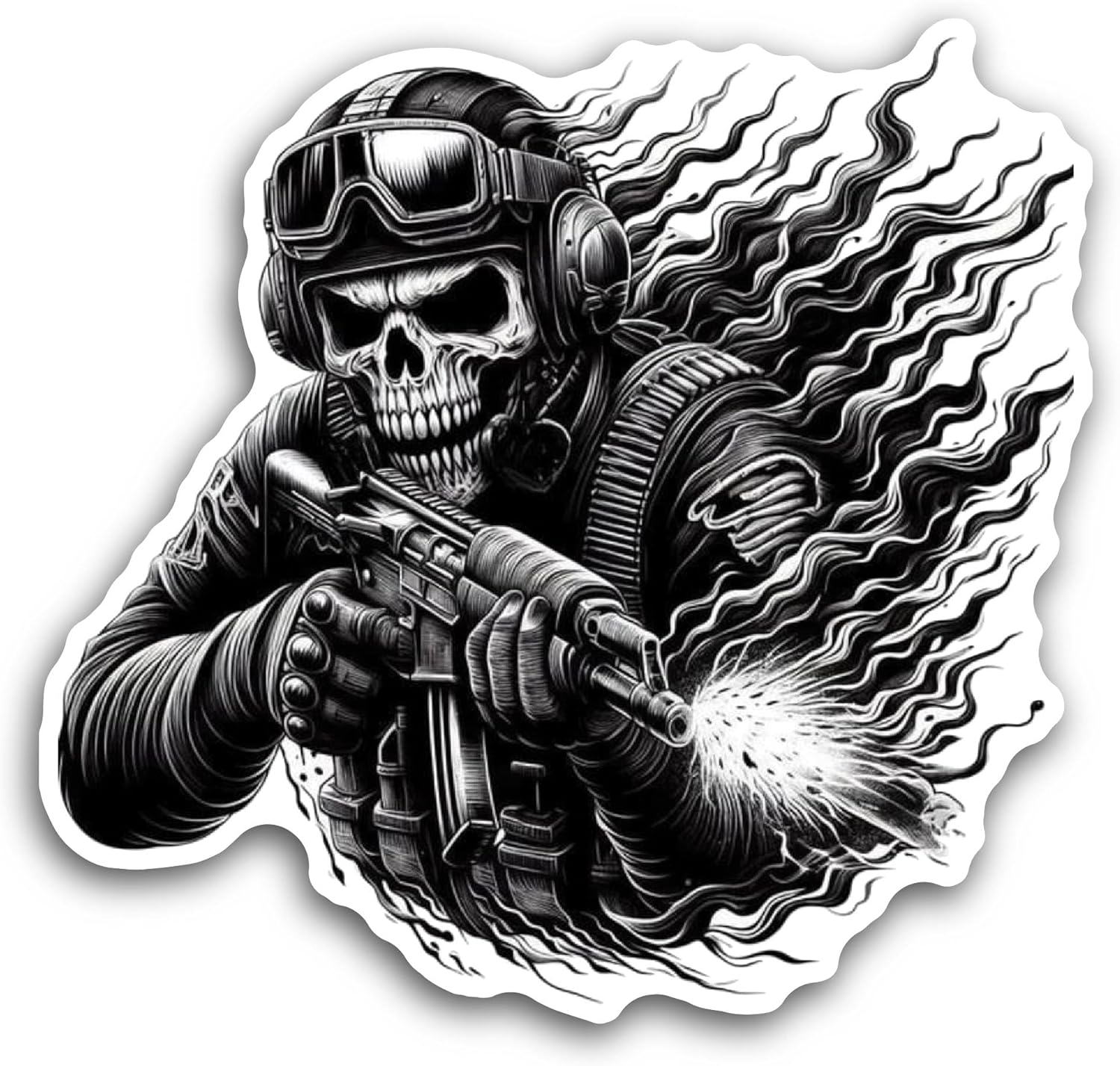 2 (Pieces) 3" and 5" Skull Soldier with Gun Sticker, Waterproof Vinyl Decals for Many Purpose Like Cars, Trucks, Laptops, Phones, Windows and More