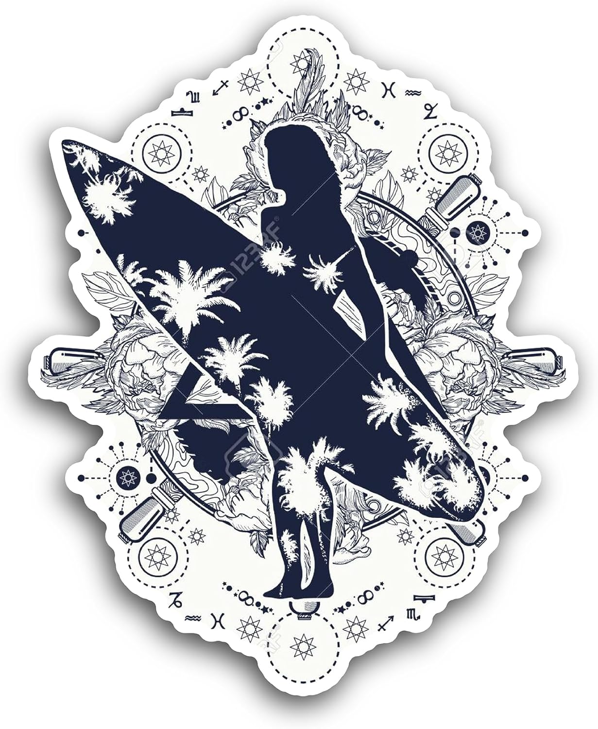 2 (Pieces) 3" and 5" Surfing Board with a Girl Sticker, Waterproof Vinyl Decals for Many Purpose Like Cars, Trucks, Laptops, Phones, Windows and More