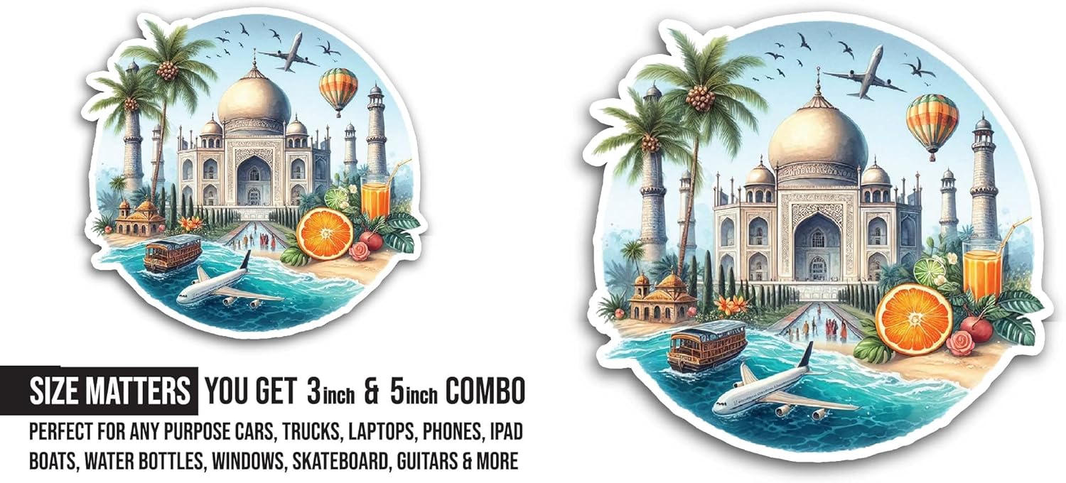 2 (Pieces) 3" and 5" Taj Mahal Landmark Sticker, Waterproof Vinyl Decals for Many Purpose Like Cars, Trucks, Laptops, Phones, Windows and More