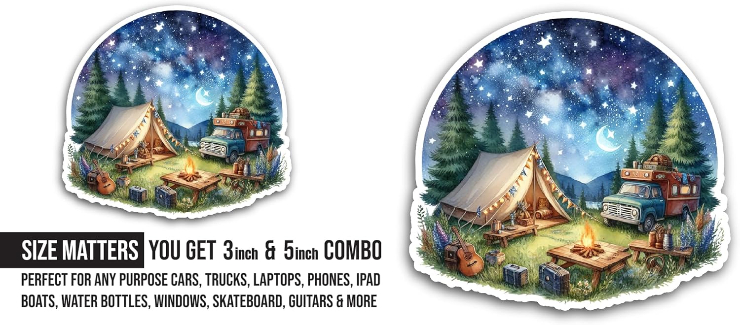 2 (Pieces) 3" and 5" Cosmic Campsite Sticker, Waterproof Vinyl Decals for Many Purpose Like Cars, Trucks, Laptops, Phones, Windows and More