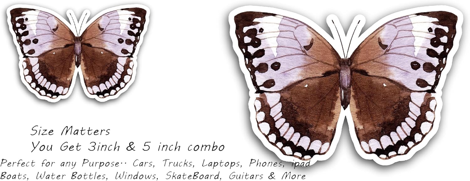 2 (Pieces) 3" and 5" Brown Butterfly Sticker, Waterproof Vinyl Decals for Many Purpose Like Cars, Trucks, Laptops, Phones, Windows and More