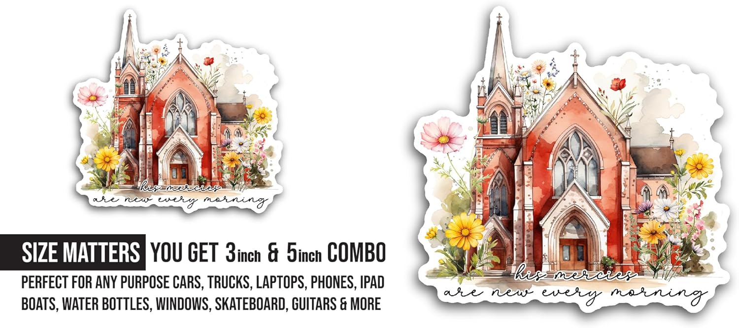 2 (Pieces) 3" and 5" Painting of A Church Sticker, Waterproof Vinyl Decals for Many Purpose Like Cars, Trucks, Laptops, Phones, Windows and More