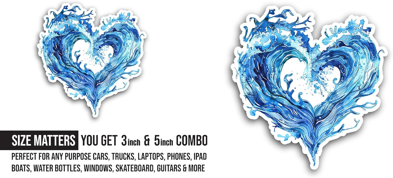 2 (Pieces) 3" and 5" Waves Heart Sticker, Waterproof Vinyl Decals for Many Purpose Like Cars, Trucks, Laptops, Phones, Windows and More