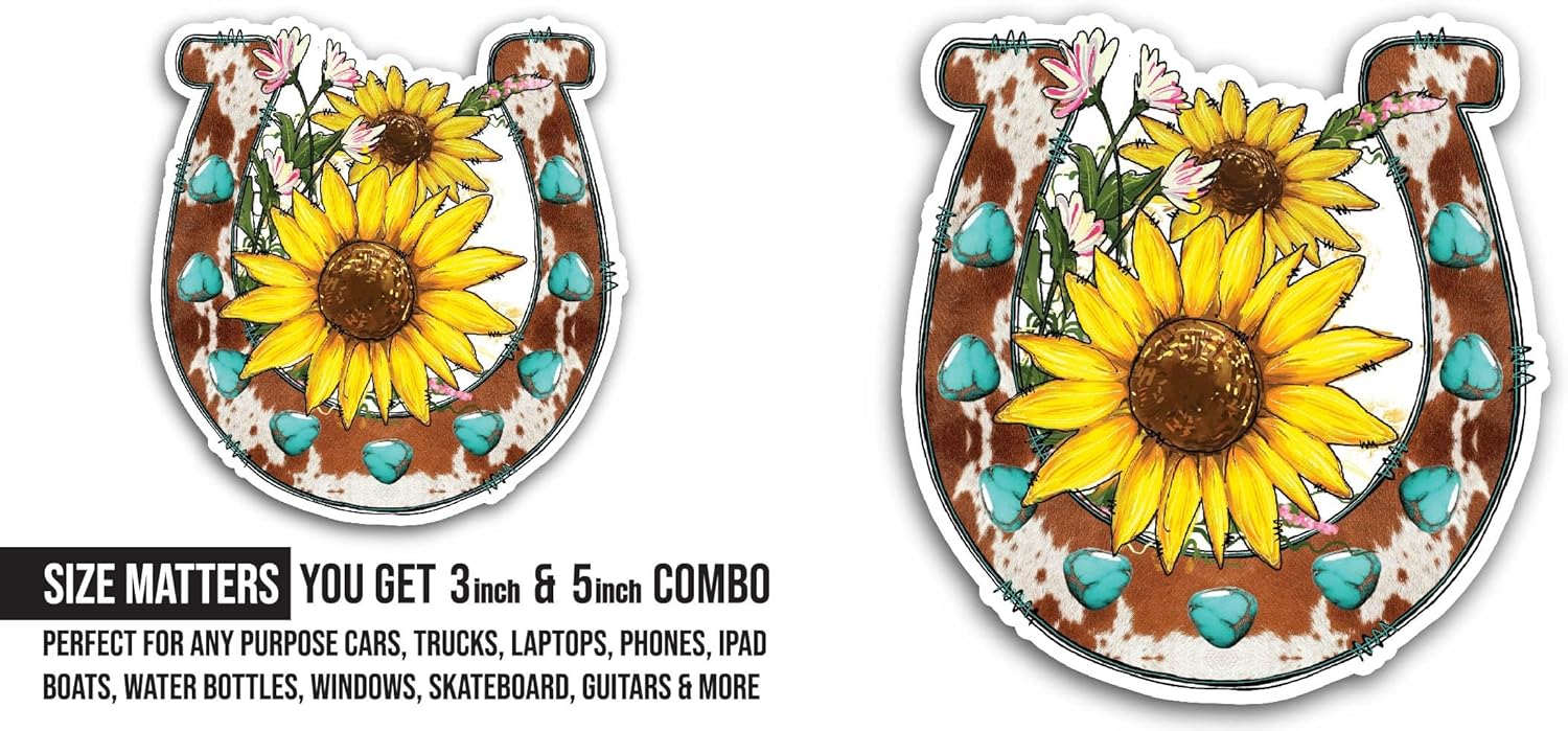 2 (Pieces) 3" and 5" Horseshoe Sunflower Sticker, Waterproof Vinyl Decals for Many Purpose Like Cars, Trucks, Laptops, Phones, Windows and More