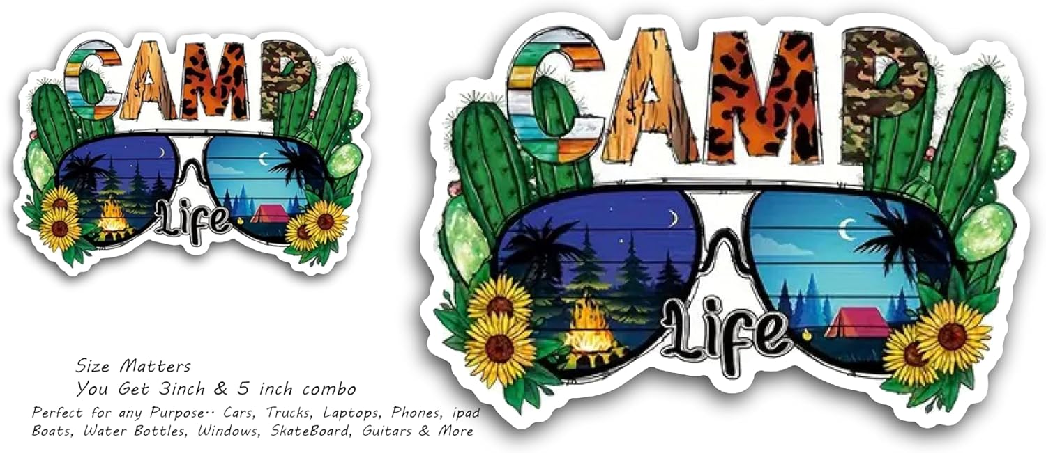 2 (Pieces) 3" and 5" Camp Life with Glasses Decal Sticker, Waterproof Vinyl Decals for Many Purpose Like Cars, Trucks, Laptops, Phones, Windows and More